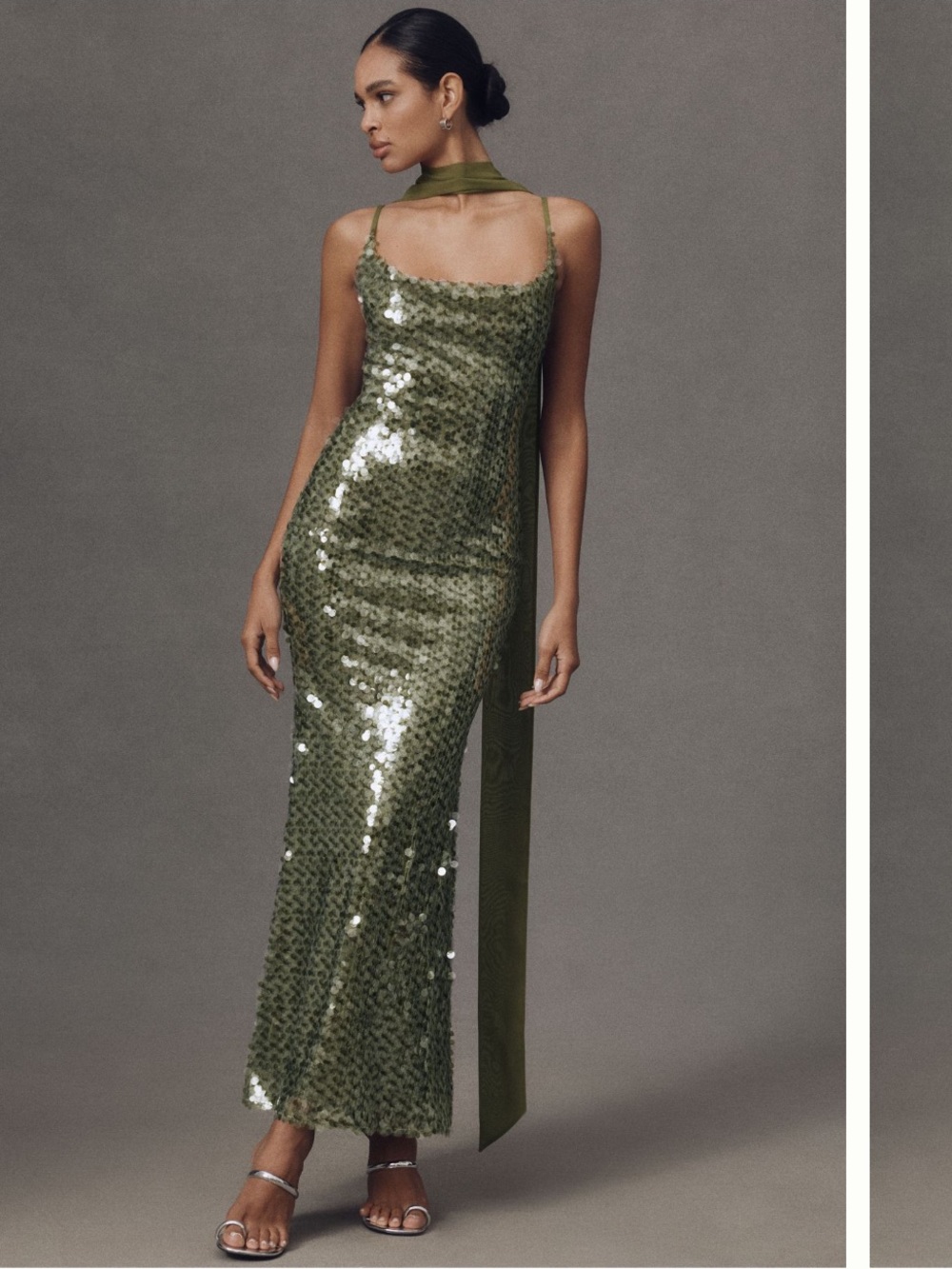 Mare Mare Kassidy Cowl-Neck Stretch Sequin Maxi Dress in Olive Green
